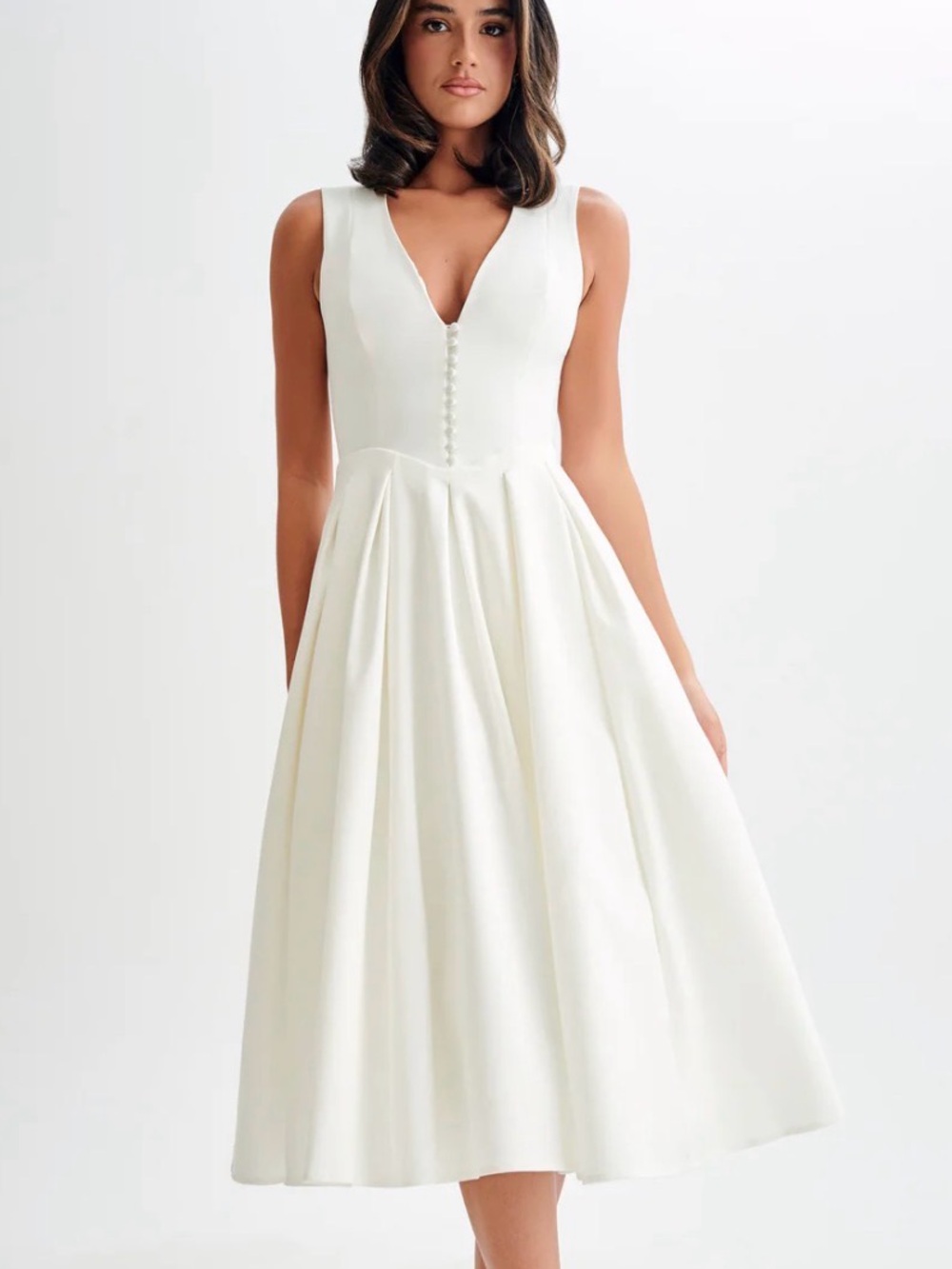 Meshki White V-Neck Pleated Midi Dress